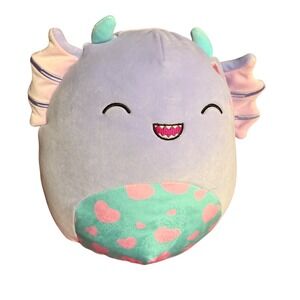 Squishmallows Strobe Dragon Plush Valentine Lavender Pink Teal Hearts 11 inch